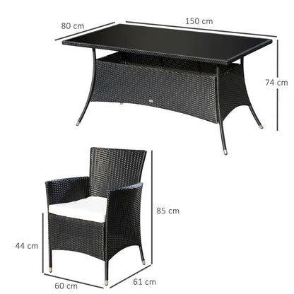 6 Seater Rattan Dining Set with Cushions, Rattan Garden Furniture Set with 6 Armchairs, Rectangular Glass Top Table, Outdoor Dining Table and Chairs, Black