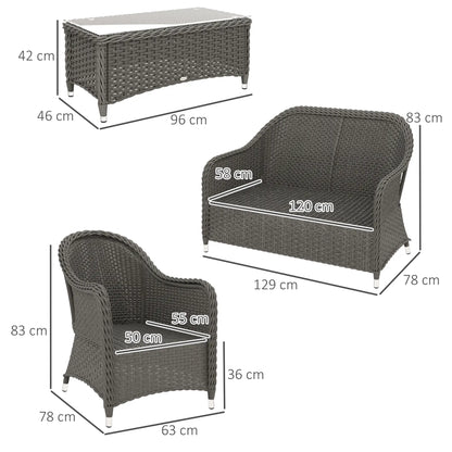 Four-Piece Rattan Sofa Set, with Glass-Top Table - Light Grey