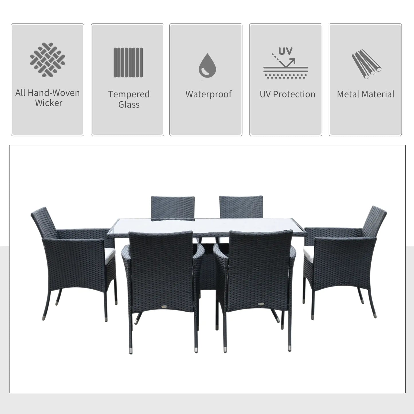 6 Seater Rattan Dining Set with Cushions, Rattan Garden Furniture Set with 6 Armchairs, Rectangular Glass Top Table, Outdoor Dining Table and Chairs, Black