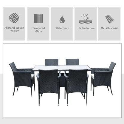 6 Seater Rattan Dining Set with Cushions, Rattan Garden Furniture Set with 6 Armchairs, Rectangular Glass Top Table, Outdoor Dining Table and Chairs, Black