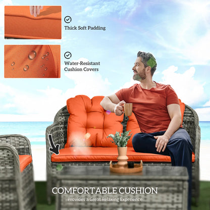 Four-Piece Rattan Sofa Set, with Glass-Top Table - Orange