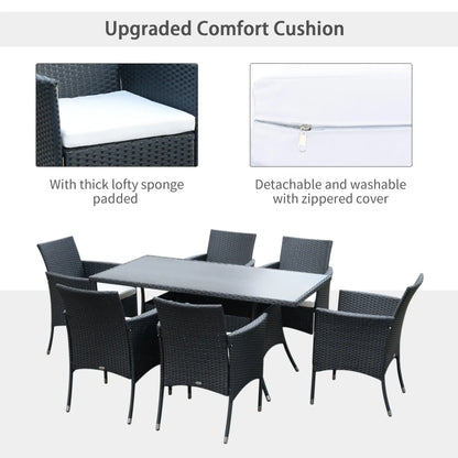 6 Seater Rattan Dining Set with Cushions, Rattan Garden Furniture Set with 6 Armchairs, Rectangular Glass Top Table, Outdoor Dining Table and Chairs, Black