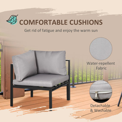 5 Seater Garden Corner Sofa Set, 4 Pieces Metal Garden Furniture Set with Loveseats, Glass Top Coffee Table, Breathable Mesh Pocket, Outdoor Conversation Furniture with Cushions, Light Grey