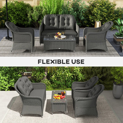 Four-Piece Rattan Sofa Set, with Glass-Top Table - Light Grey