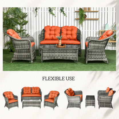 Four-Piece Rattan Sofa Set, with Glass-Top Table - Orange