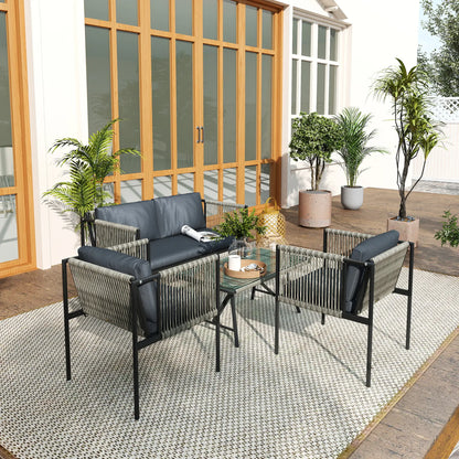 Four-Piece Round Rattan Rope Sofa Set - Grey