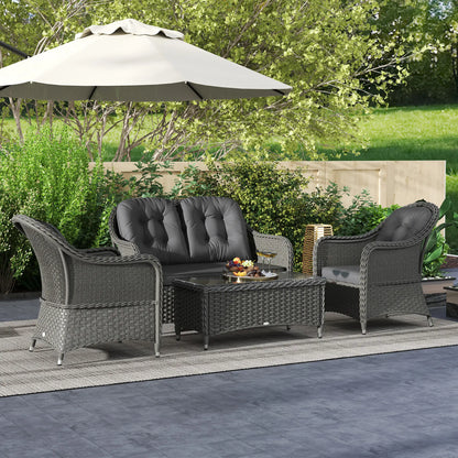 Four-Piece Rattan Sofa Set, with Glass-Top Table - Light Grey