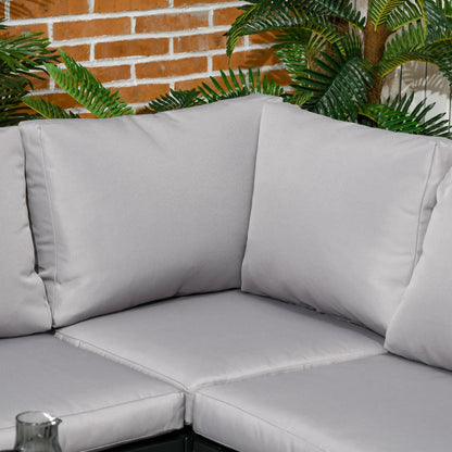 5 Seater Garden Corner Sofa Set, 4 Pieces Metal Garden Furniture Set with Loveseats, Glass Top Coffee Table, Breathable Mesh Pocket, Outdoor Conversation Furniture with Cushions, Light Grey