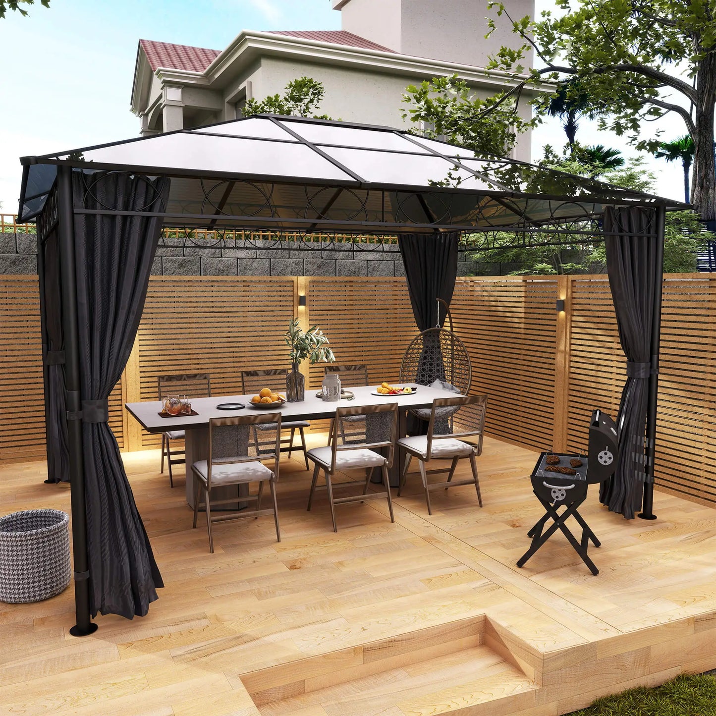 3 x 3.6m Hardtop Gazebo Canopy with Polycarbonate Roof, Permanent Pavilion Garden Gazebo with Curtains for Patio, Deck, Grey