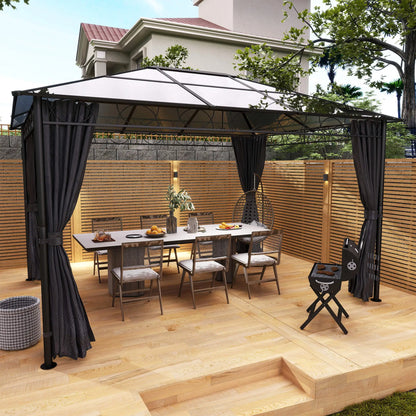 3 x 3.6m Hardtop Gazebo Canopy with Polycarbonate Roof, Permanent Pavilion Garden Gazebo with Curtains for Patio, Deck, Grey